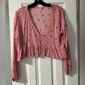 LA Hearts - Cropped Ruffle Hem Pink Floral Long Sleeve